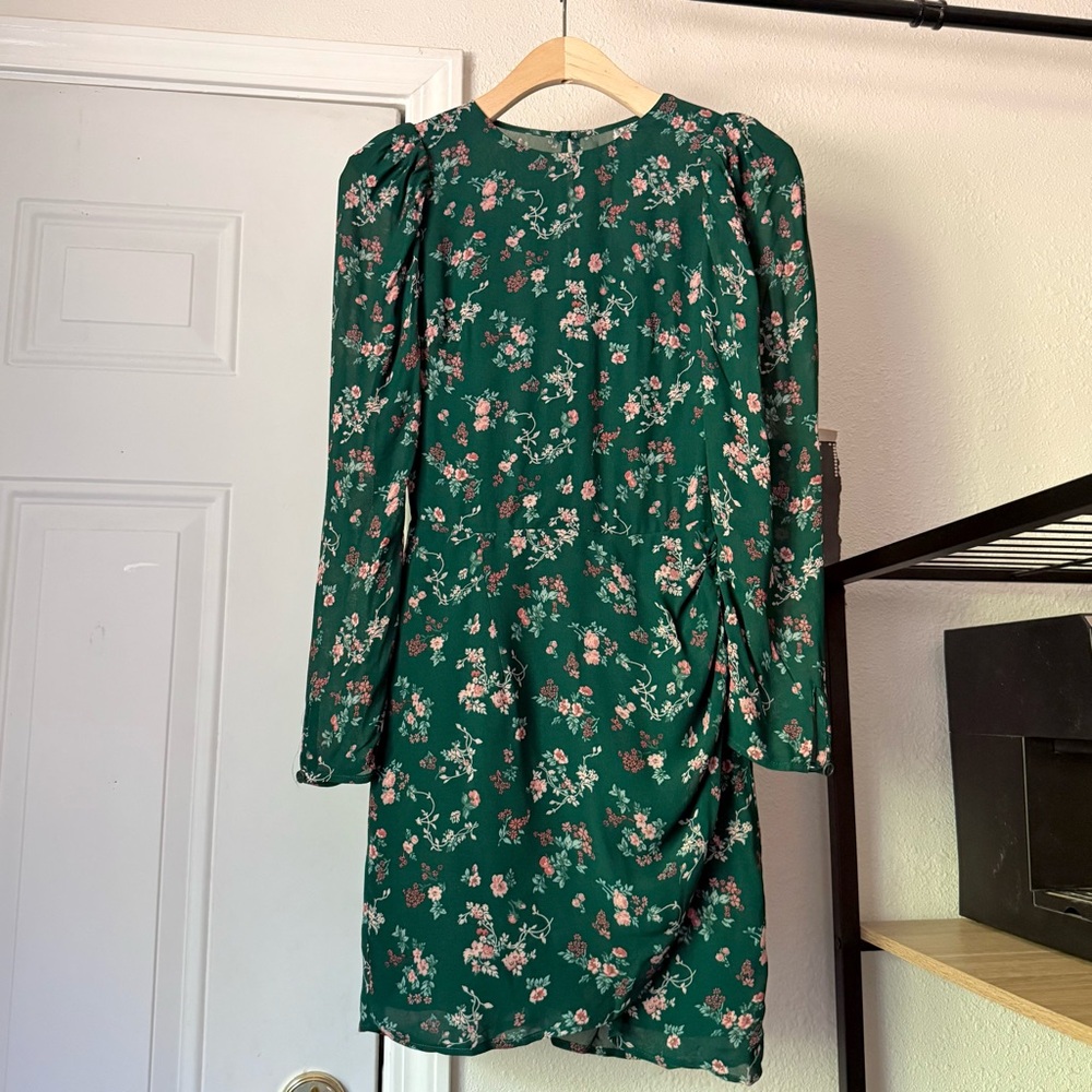 NWT REFORMATION emerald green floral viscose long puff sleeve sheer mini dress